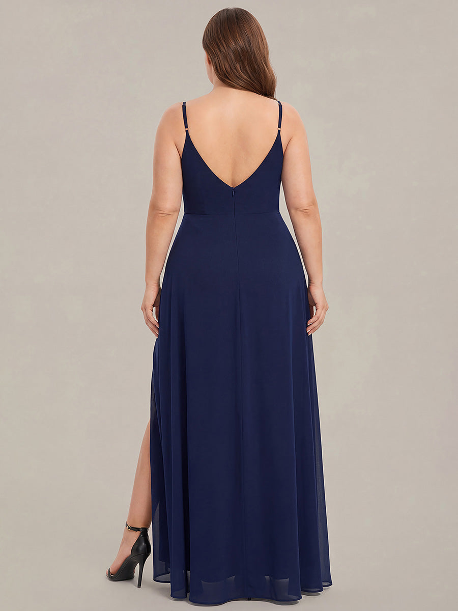 Robe de demoiselle d'honneur plissée à bretelles minces et encolure en V #Couleur_Bleu Marine