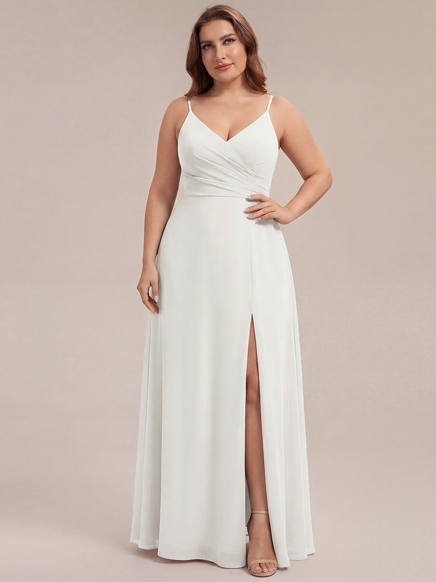 Robe de demoiselle d'honneur plissée à bretelles minces et encolure en V #Couleur_Blanc