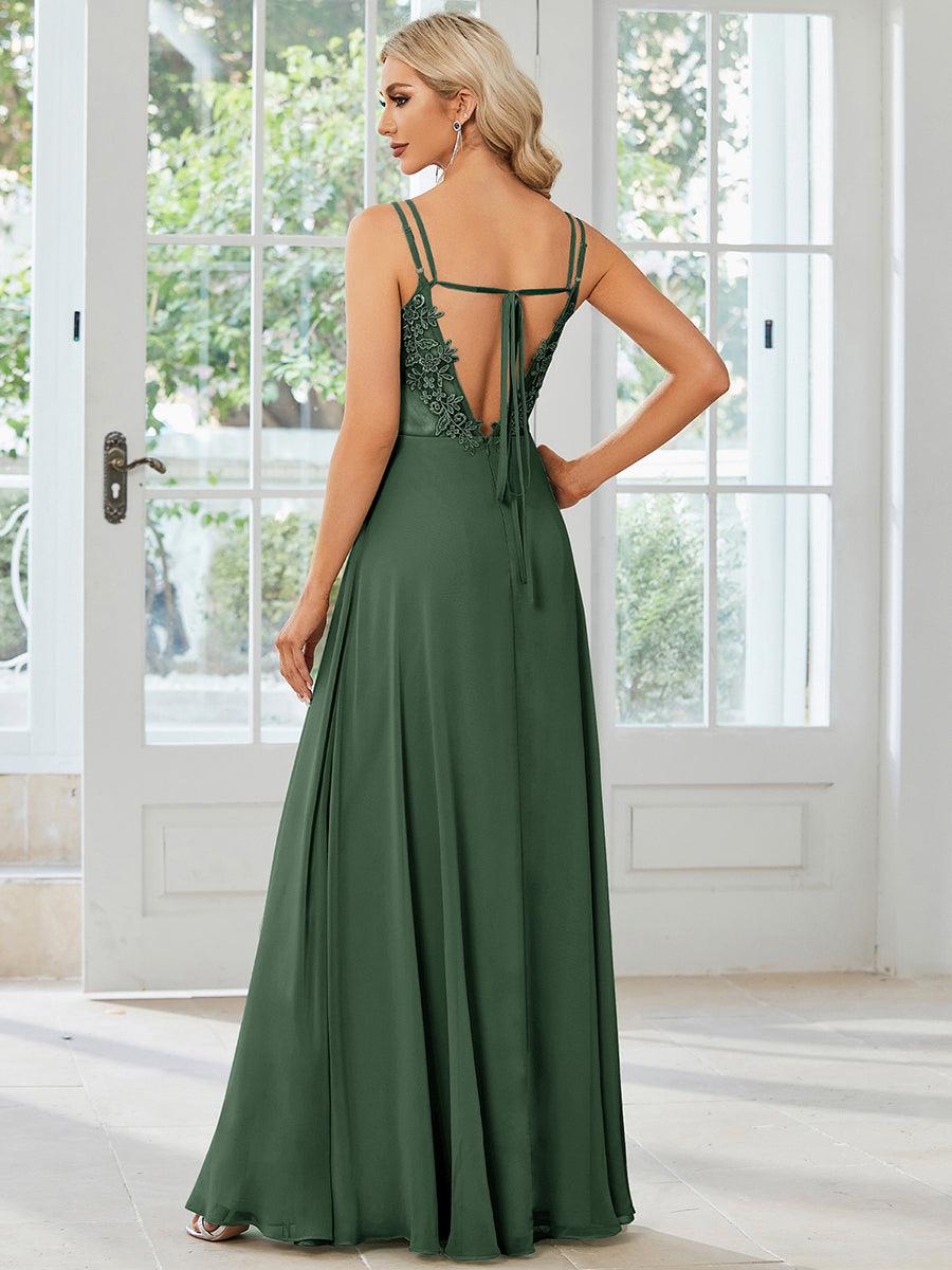 Robe demoiselle d'honneur mousseline et dentelle dos nu bretelles fines #Couleur_Eucalyptus