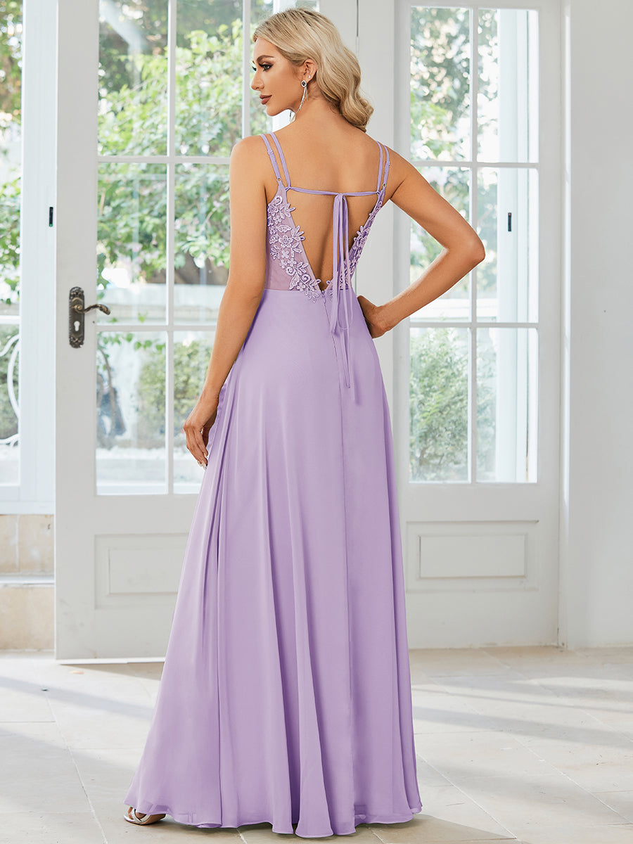 Robe demoiselle d'honneur mousseline et dentelle dos nu bretelles fines #Couleur_Lilas Givré
