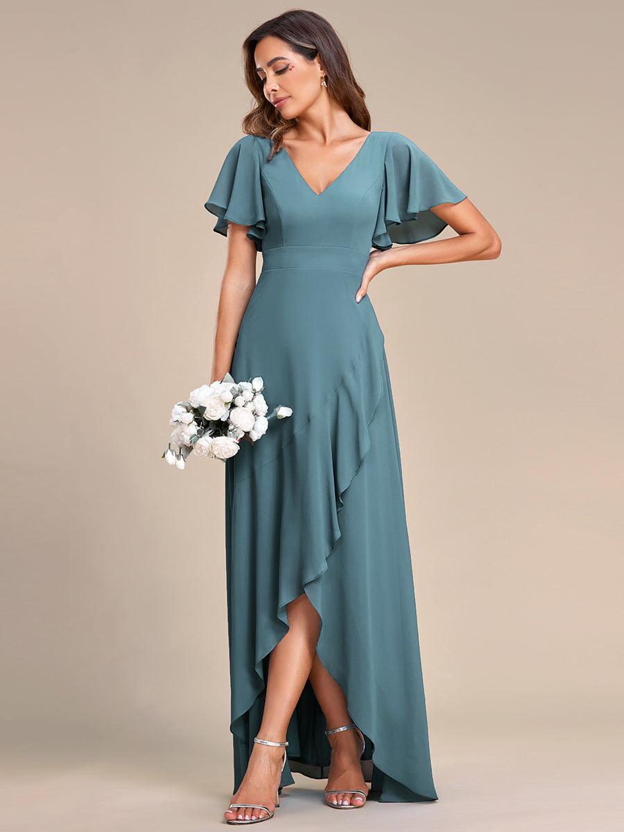 Robe demoiselle d'honneur Mousseline Ourlet en feuille de lotus Charmante #Couleur_Bleu Fume
