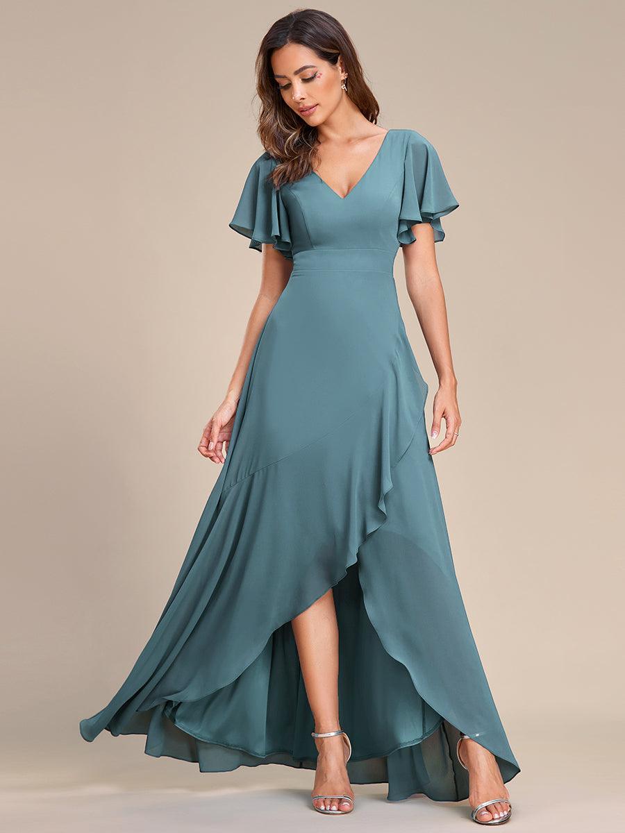 Robe demoiselle d'honneur Mousseline Ourlet en feuille de lotus Charmante #Couleur_Bleu Fume
