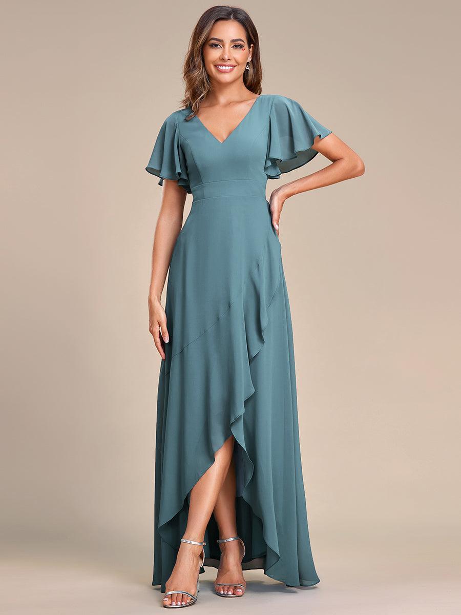 Robe demoiselle d'honneur Mousseline Ourlet en feuille de lotus Charmante #Couleur_Bleu Fume