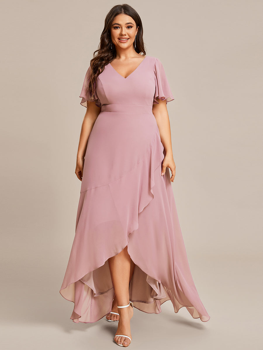 Robe demoiselle d'honneur Mousseline Ourlet en feuille de lotus Charmante #Couleur_Rose fumee