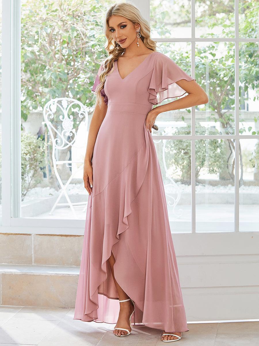 Robe demoiselle d'honneur Mousseline Ourlet en feuille de lotus Charmante #Couleur_Rose fumee