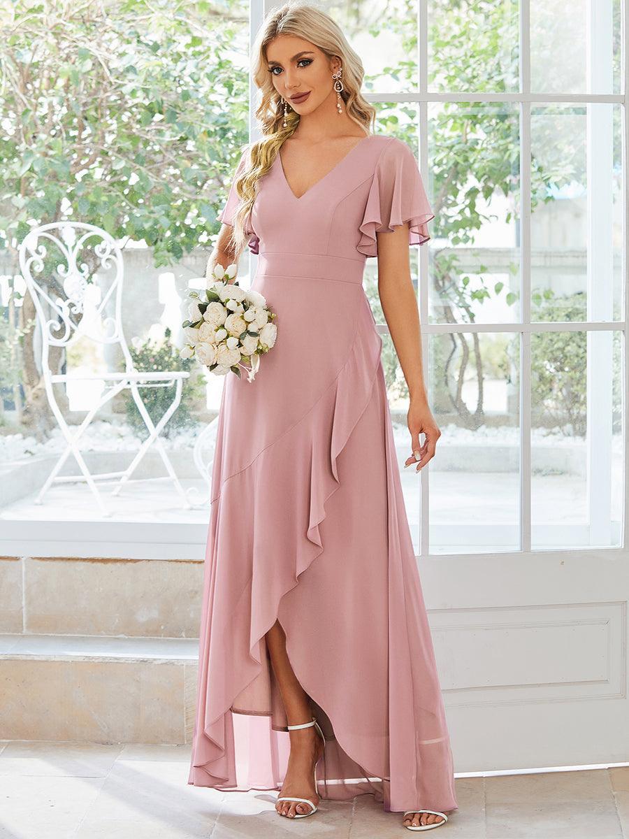 Robe demoiselle d'honneur Mousseline Ourlet en feuille de lotus Charmante #Couleur_Rose fumee