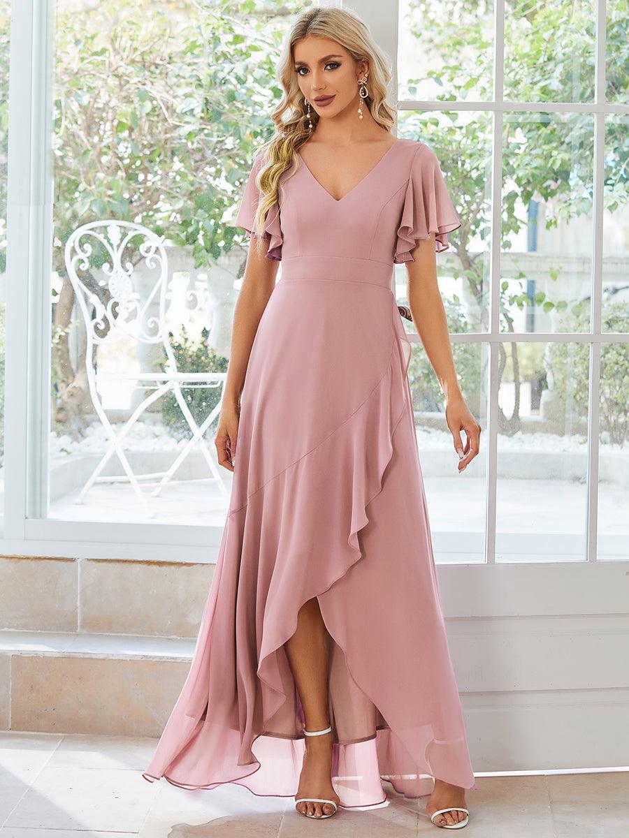 Robe demoiselle d'honneur Mousseline Ourlet en feuille de lotus Charmante #Couleur_Rose fumee