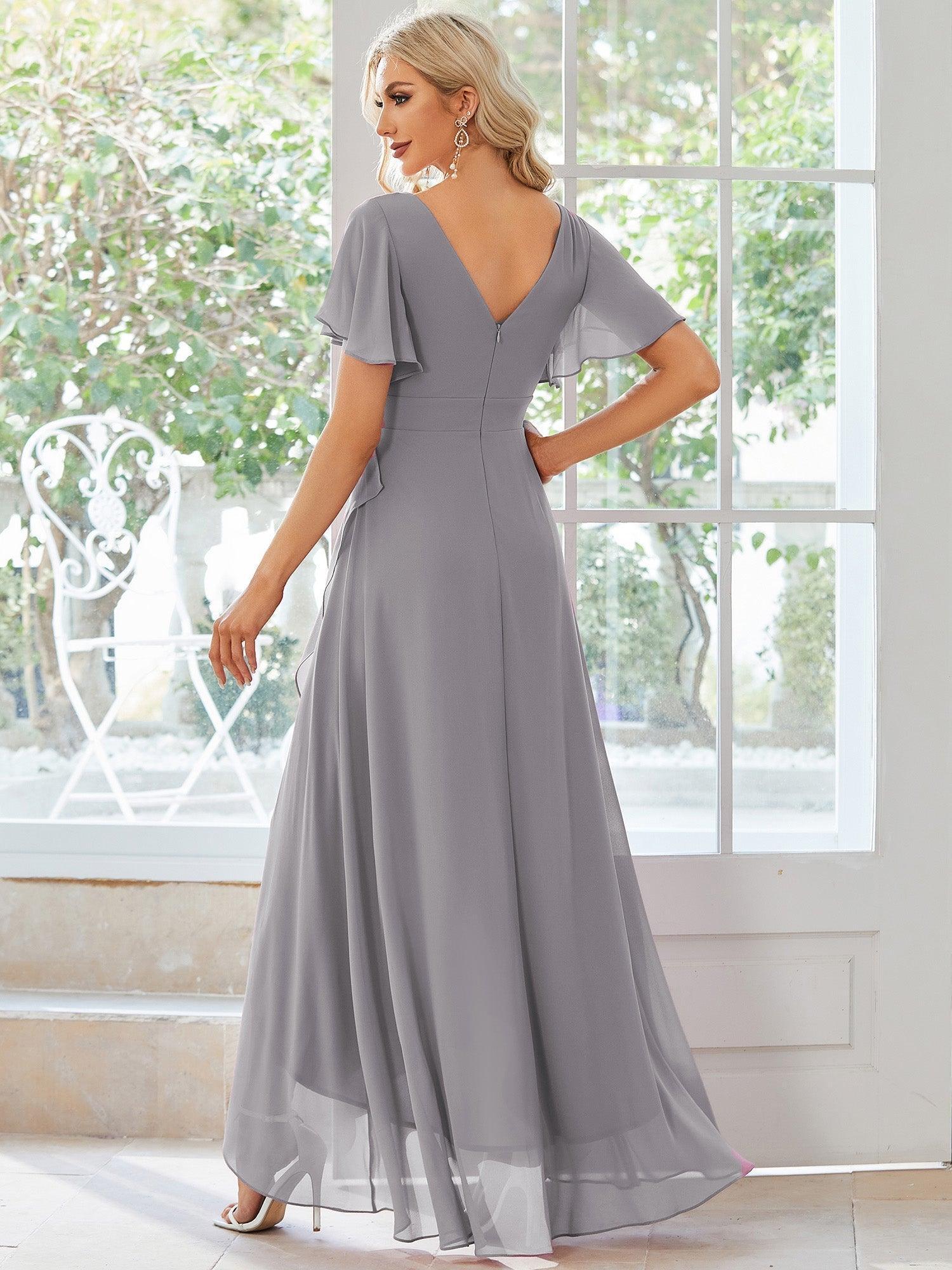 Robe demoiselle d'honneur Mousseline Ourlet en feuille de lotus Charmante #Couleur_Gris