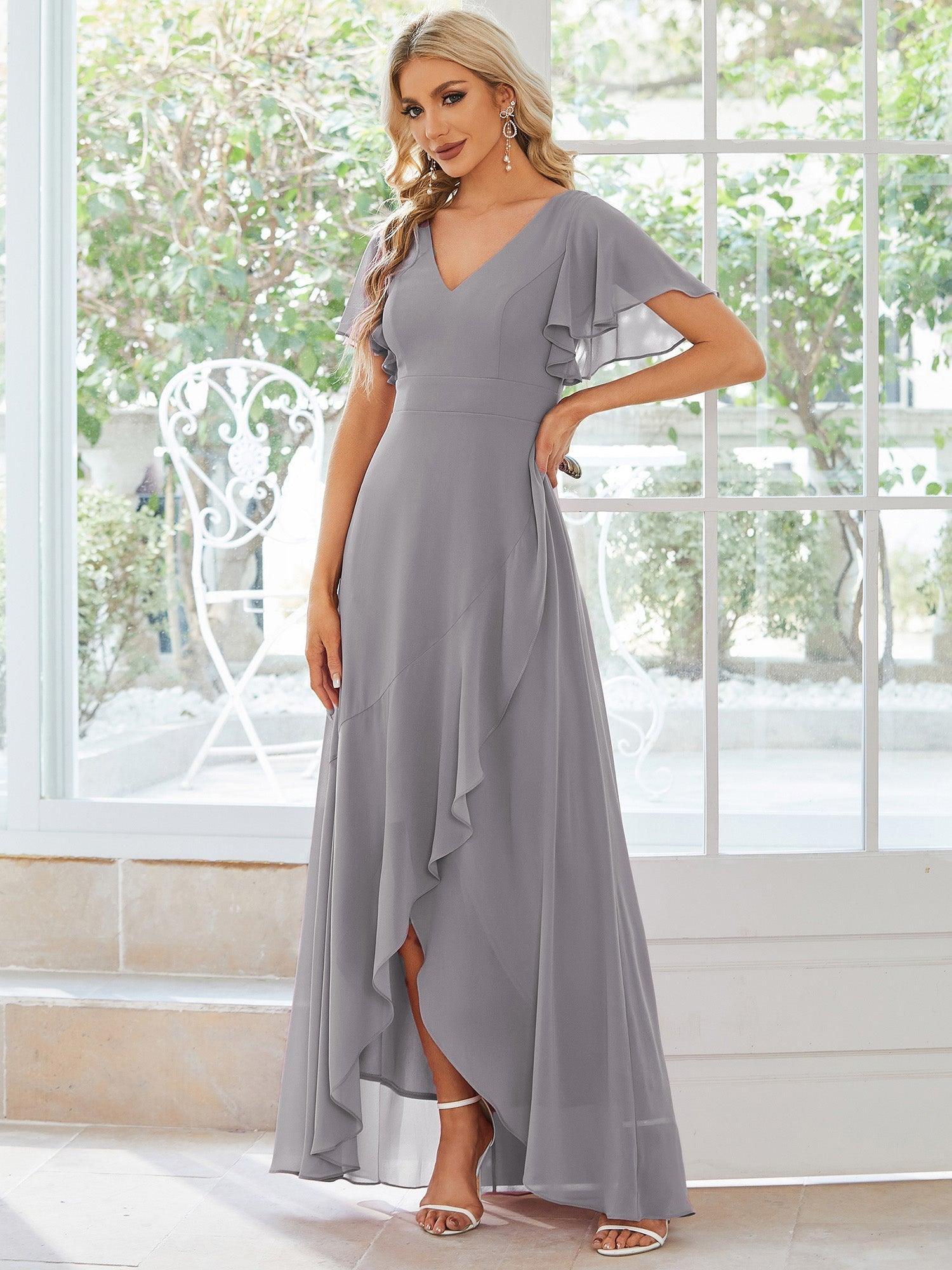 Robe demoiselle d'honneur Mousseline Ourlet en feuille de lotus Charmante #Couleur_Gris