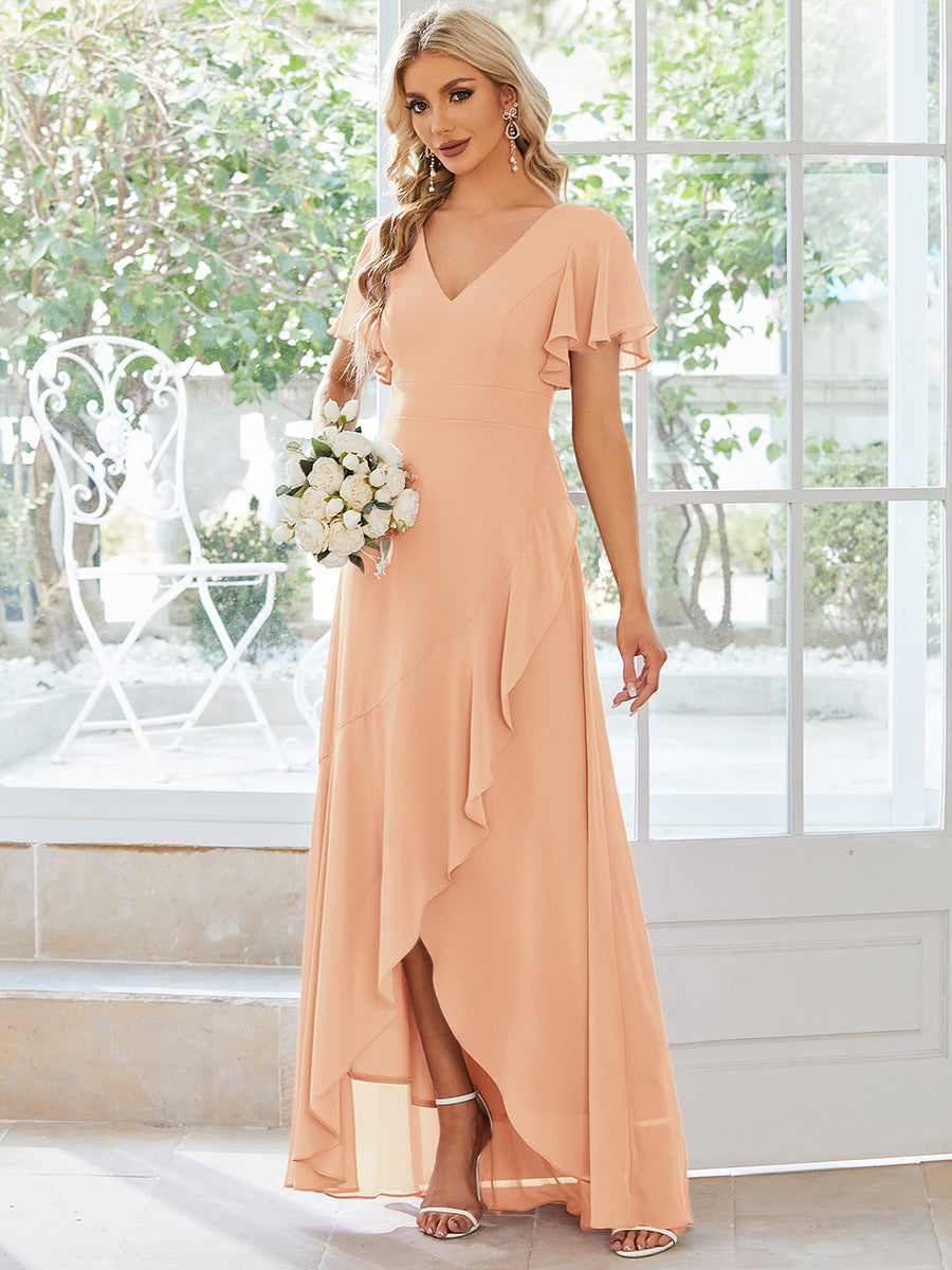 Taille personnalisée Robe demoiselle d'honneur Ourlet en feuille lotus Charmante #Couleur_Pêche