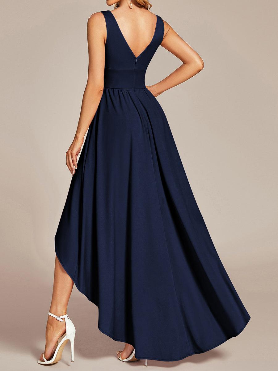 Robe de soir??e longue au sol ?? taille empire et ?? encolure en V #Couleur_Bleu Marine