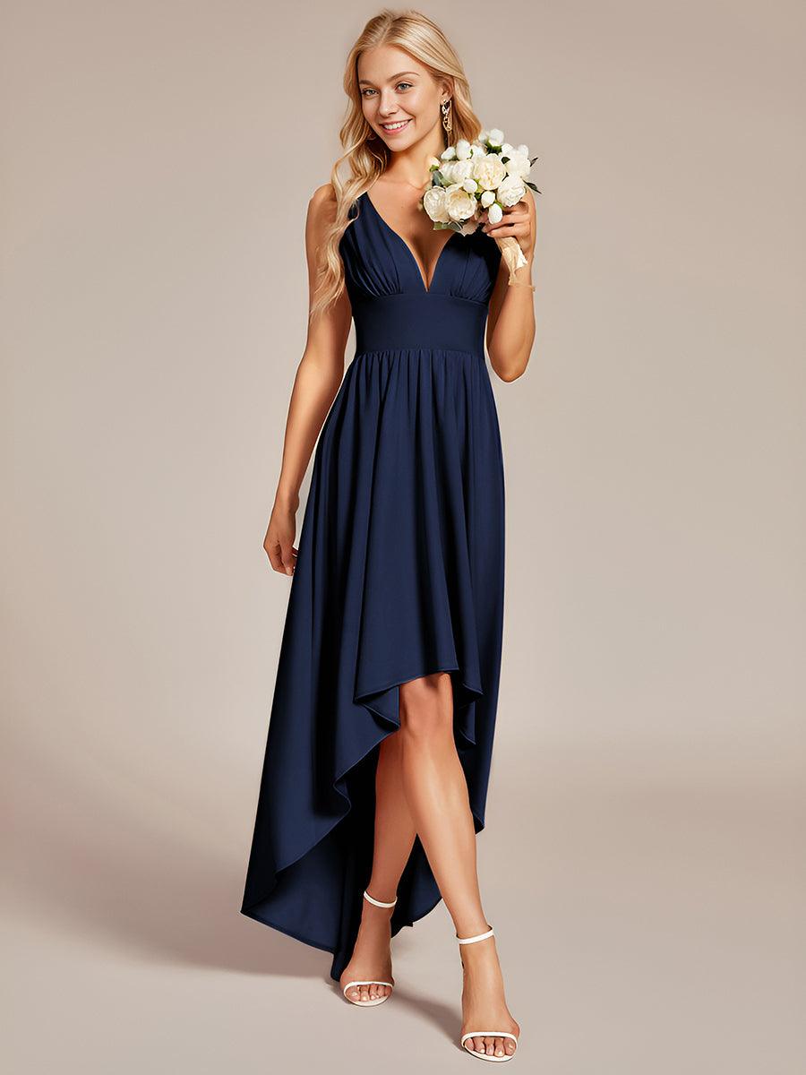 Robe de soir??e longue au sol ?? taille empire et ?? encolure en V #Couleur_Bleu Marine