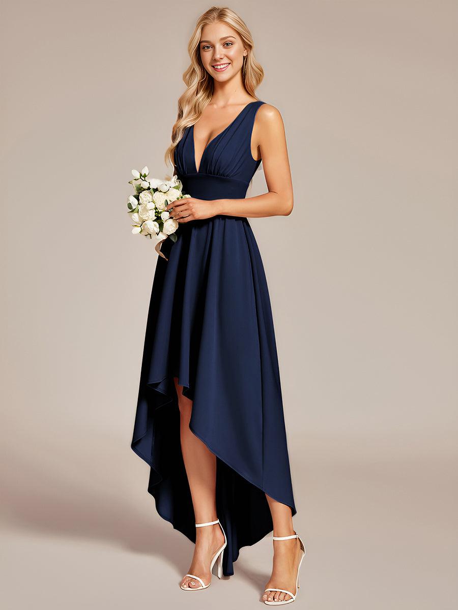 Robe de soir??e longue au sol ?? taille empire et ?? encolure en V #Couleur_Bleu Marine
