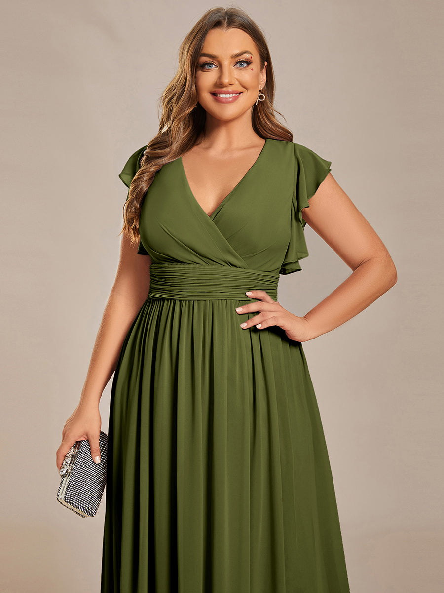 Robe demoiselle d'honneur en mousseline manches plissées avec découpe au dos #Couleur_Vert Olive