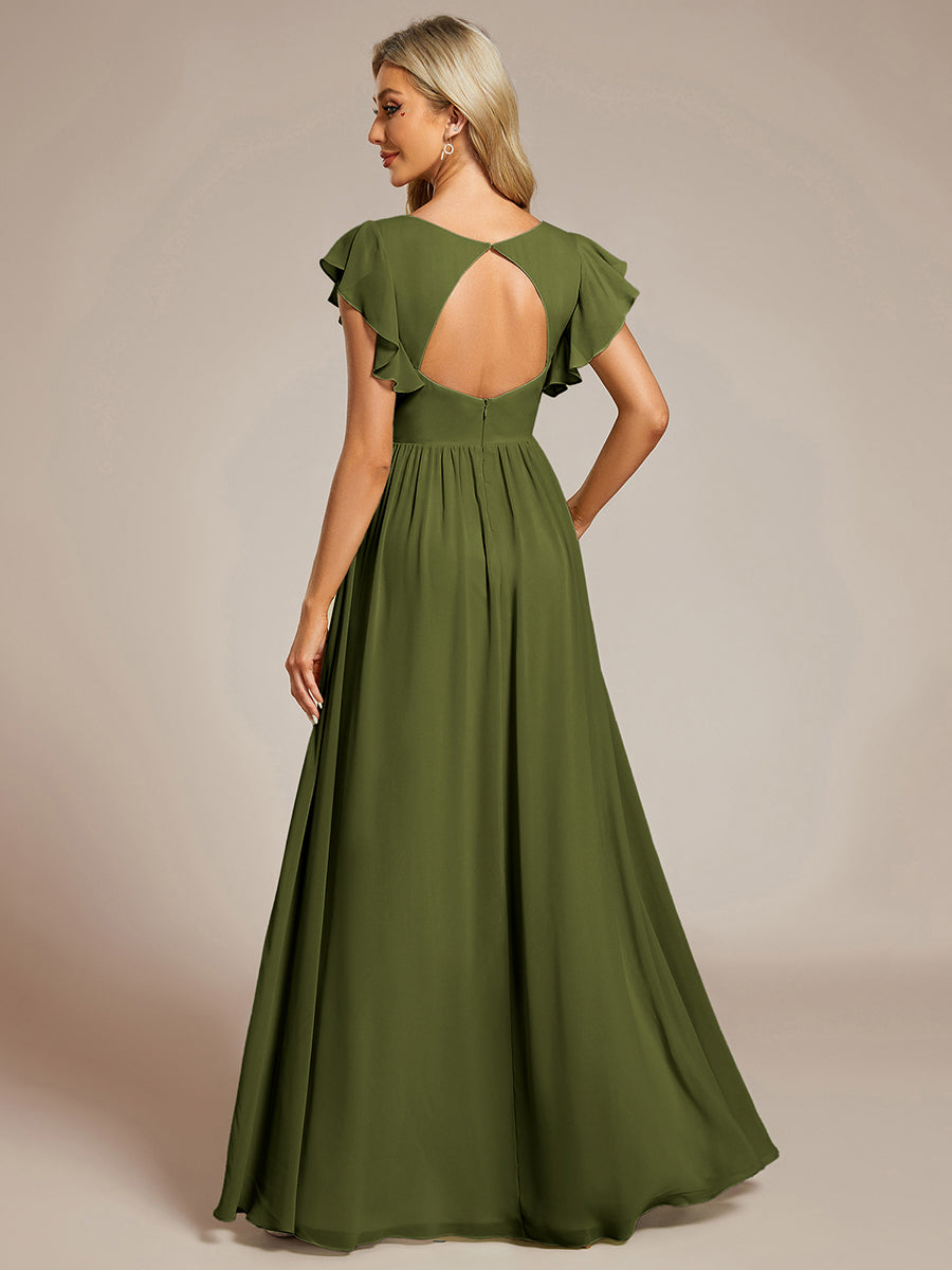 Robe demoiselle d'honneur en mousseline manches plissées avec découpe au dos #Couleur_Vert Olive