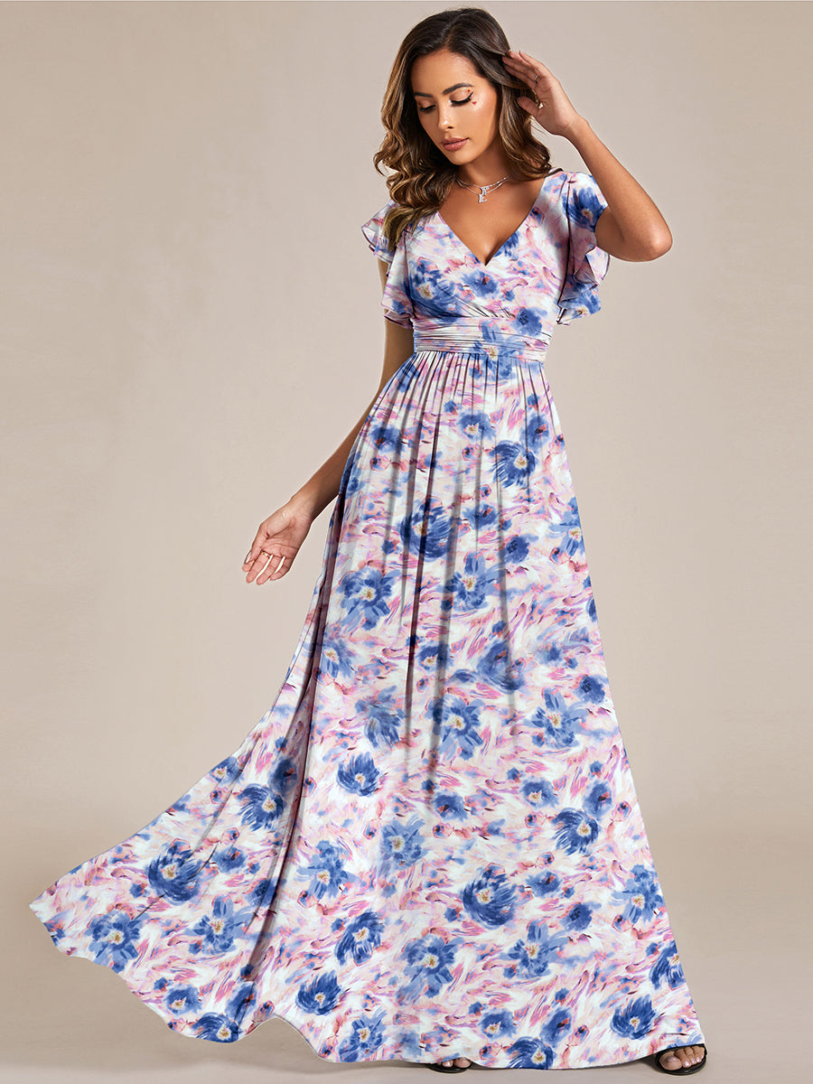 Robe de demoiselle d'honneur en mousseline de soie avec manches à volants et découpes au dos #Couleur_Azur Méditerranée