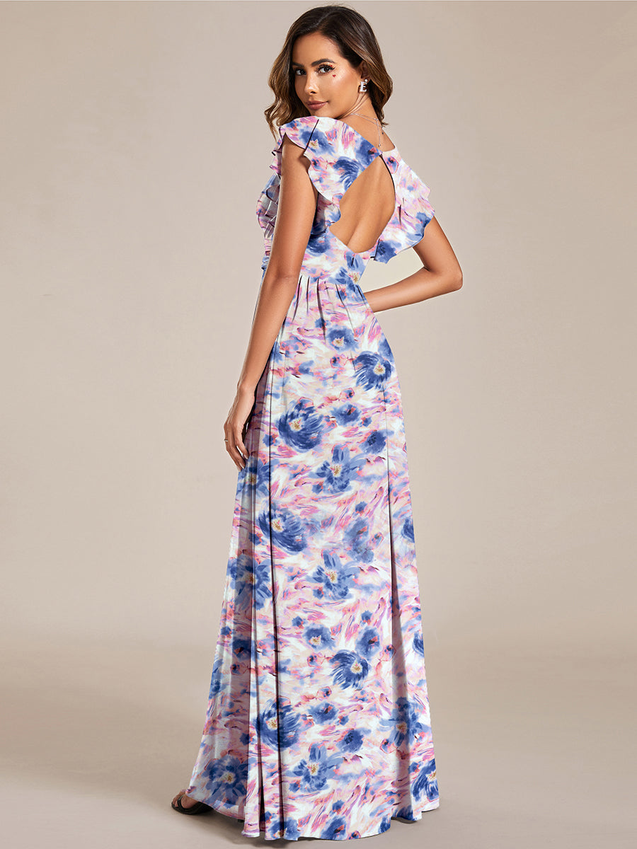 Robe de demoiselle d'honneur en mousseline de soie avec manches à volants et découpes au dos #Couleur_Azur Méditerranée