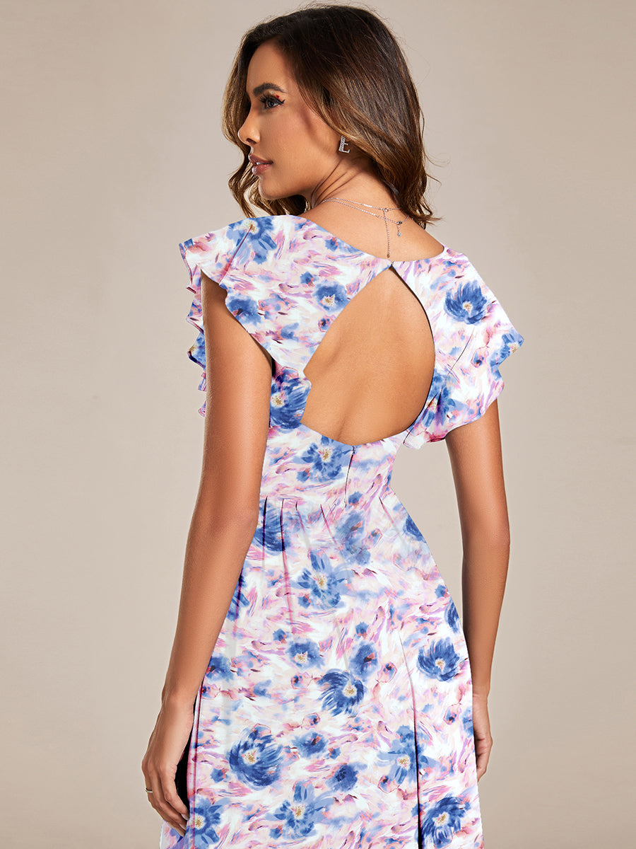Robe de demoiselle d'honneur en mousseline de soie avec manches à volants et découpes au dos #Couleur_Azur Méditerranée