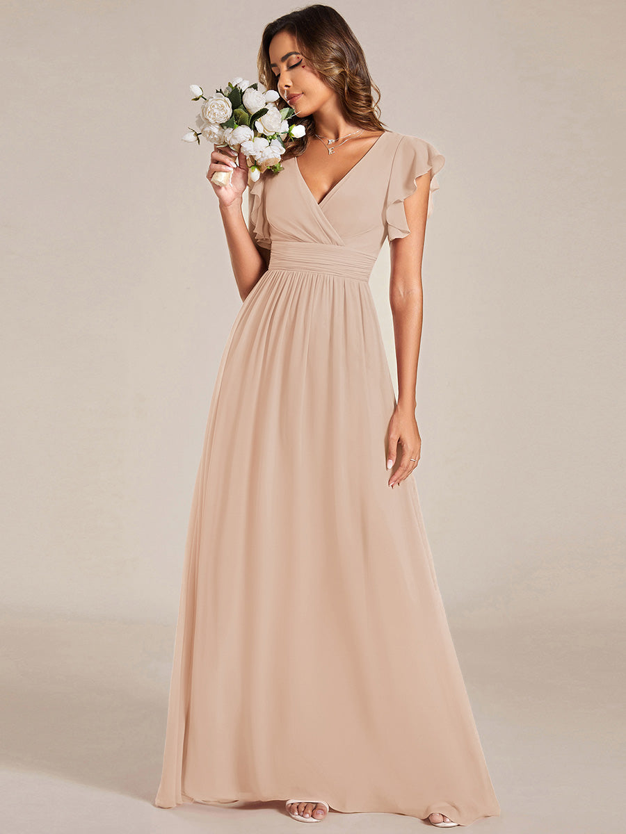 Robe de demoiselle d'honneur en mousseline de soie avec manches à volants et découpes au dos #Couleur_Blush