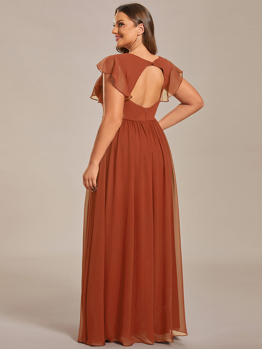 Robe D'invité De Mariage En Mousseline De Soie Mi-Longue Plissée à Manches à Volants Et Col En V #Couleur_Burnt Orange