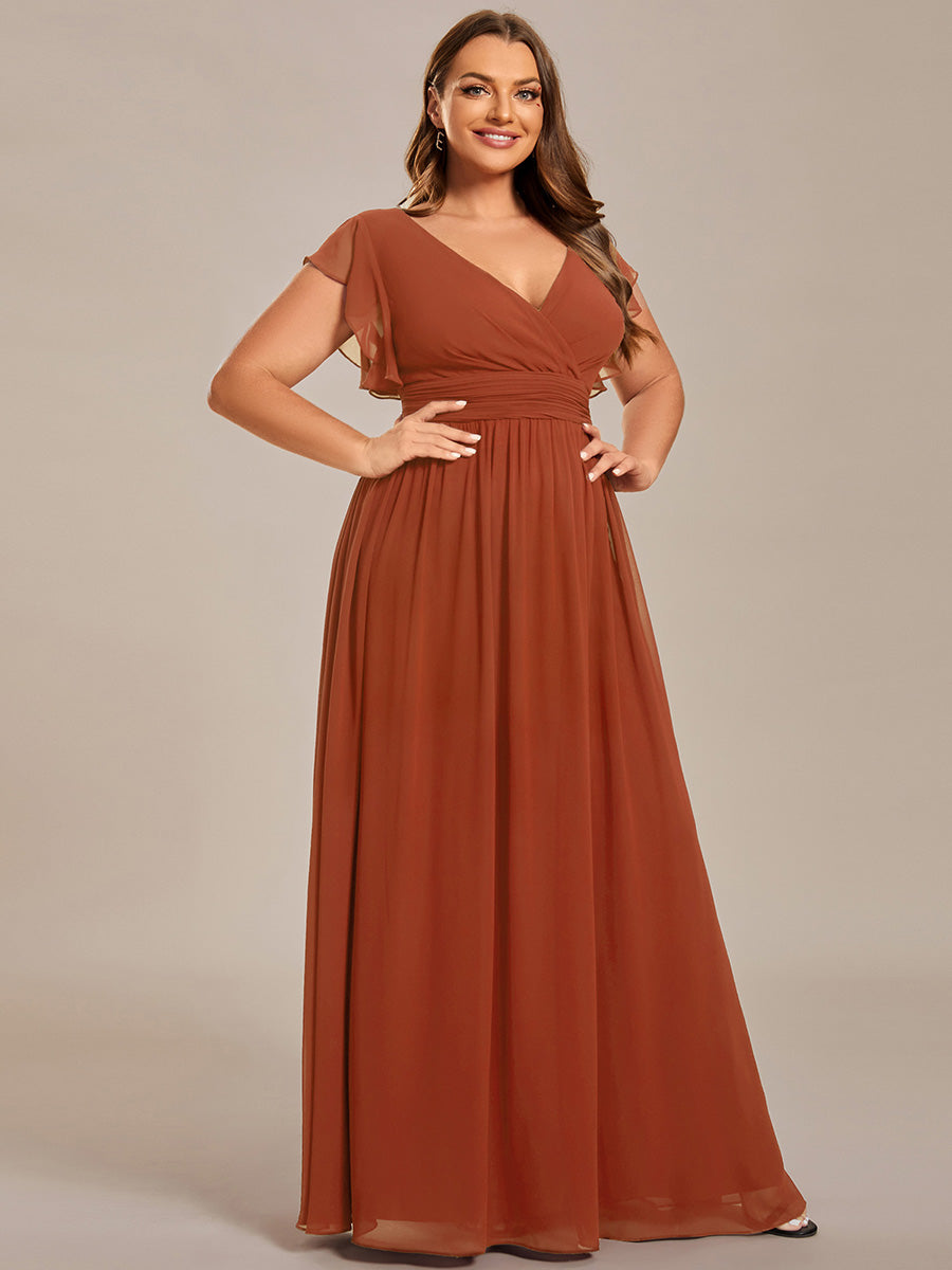 Robe D'invité De Mariage En Mousseline De Soie Mi-Longue Plissée à Manches à Volants Et Col En V #Couleur_Burnt Orange