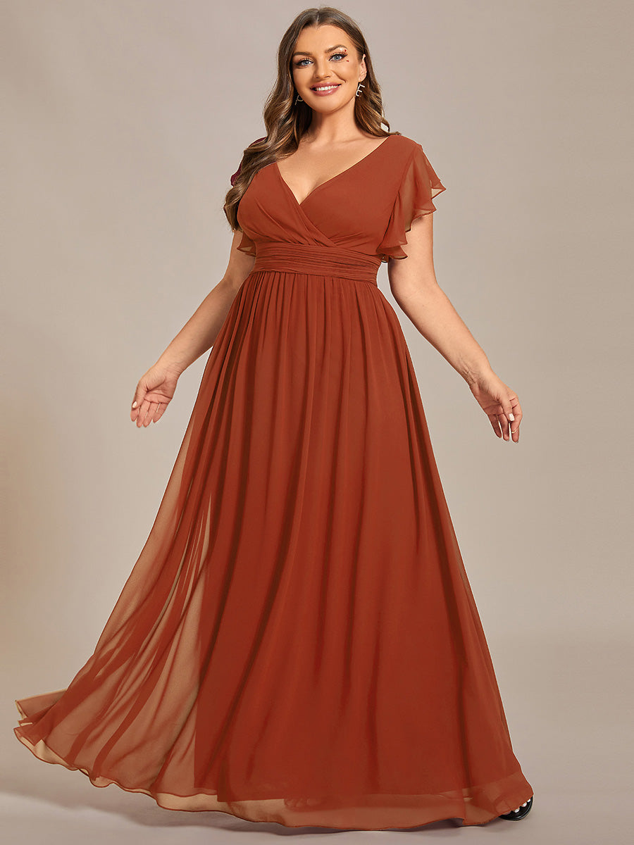 Robe D'invité De Mariage En Mousseline De Soie Mi-Longue Plissée à Manches à Volants Et Col En V #Couleur_Burnt Orange