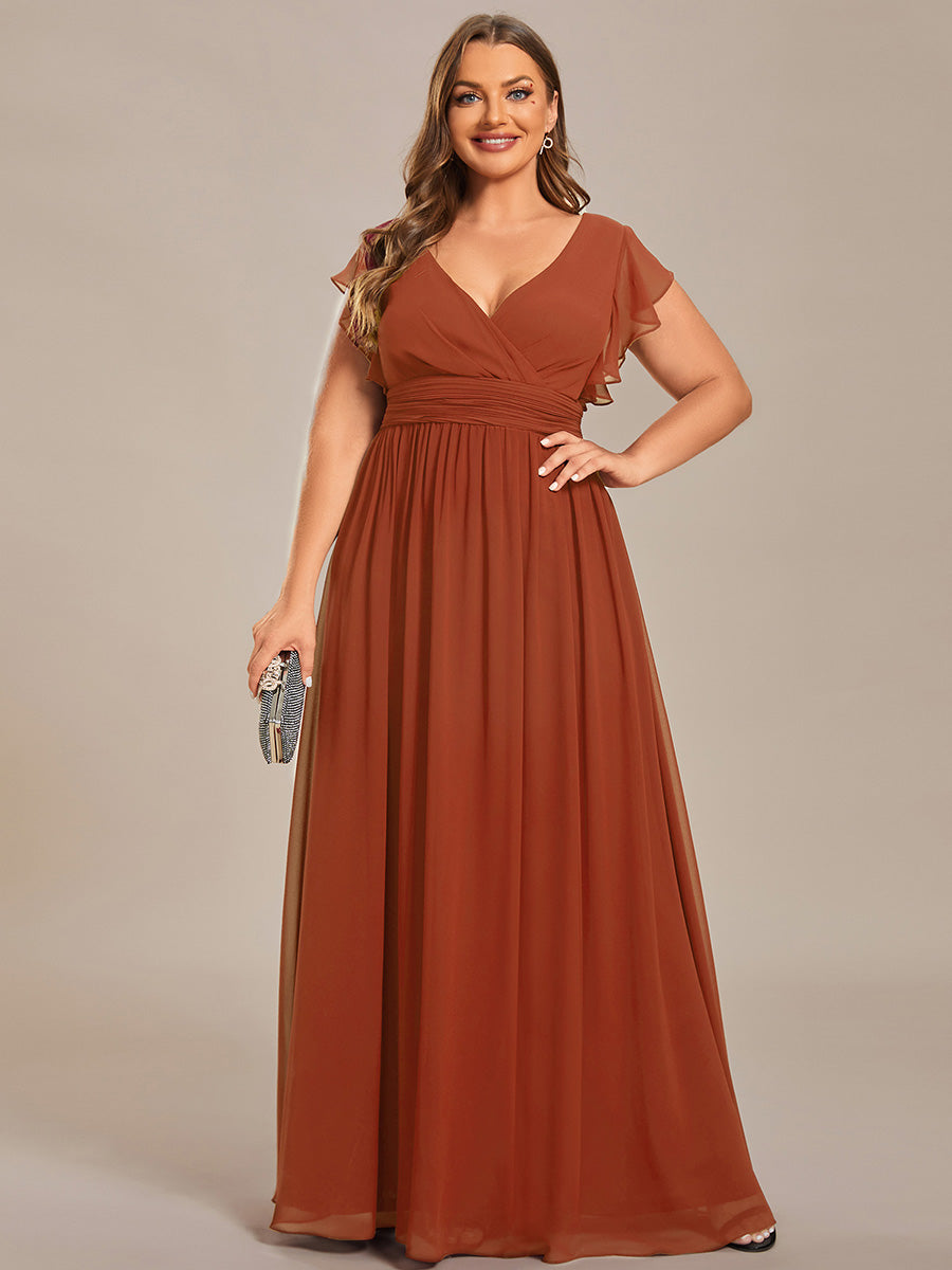 Robe D'invité De Mariage En Mousseline De Soie Mi-Longue Plissée à Manches à Volants Et Col En V #Couleur_Burnt Orange