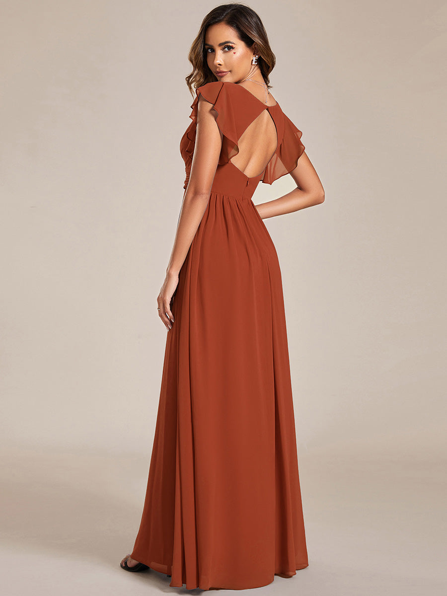 Robe D'invité De Mariage En Mousseline De Soie Mi-Longue Plissée à Manches à Volants Et Col En V #Couleur_Burnt Orange