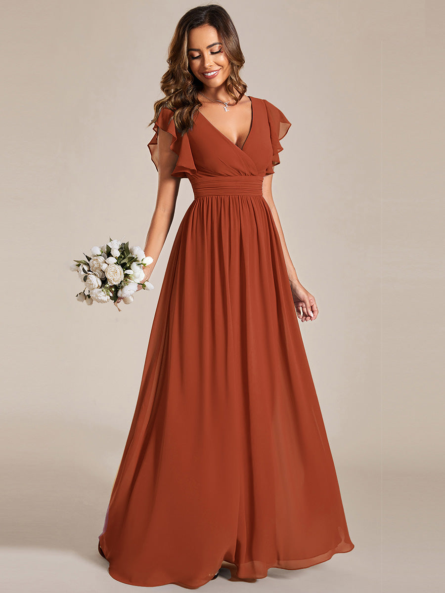 Robe D'invité De Mariage En Mousseline De Soie Mi-Longue Plissée à Manches à Volants Et Col En V #Couleur_Burnt Orange