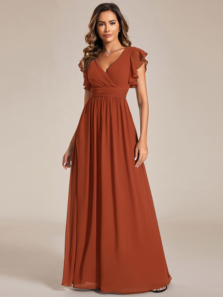 Robe D'invité De Mariage En Mousseline De Soie Mi-Longue Plissée à Manches à Volants Et Col En V #Couleur_Burnt Orange