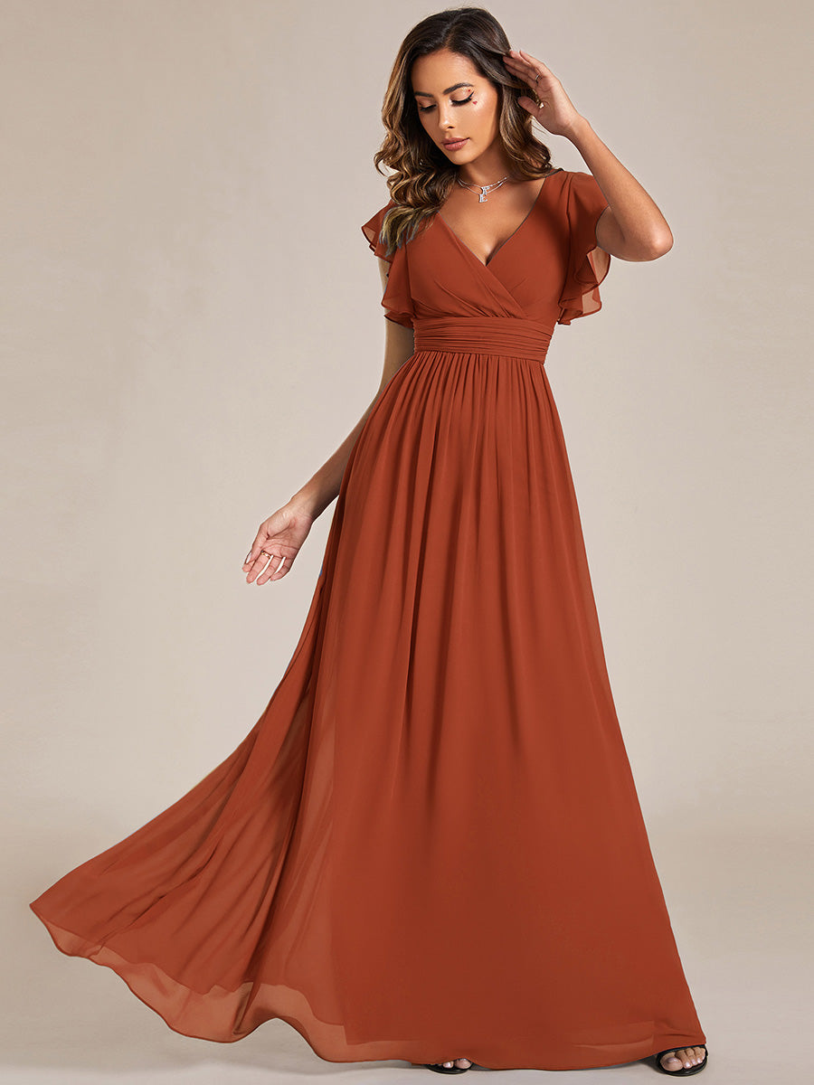 Robe D'invité De Mariage En Mousseline De Soie Mi-Longue Plissée à Manches à Volants Et Col En V #Couleur_Burnt Orange