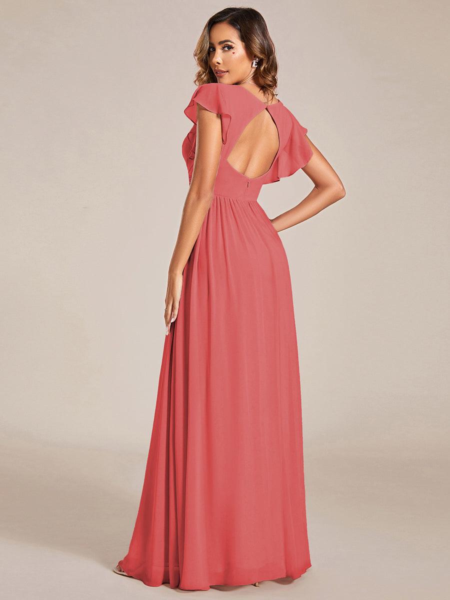 Robe de demoiselle d'honneur en mousseline de soie avec manches à volants et découpes au dos #Couleur_Corail