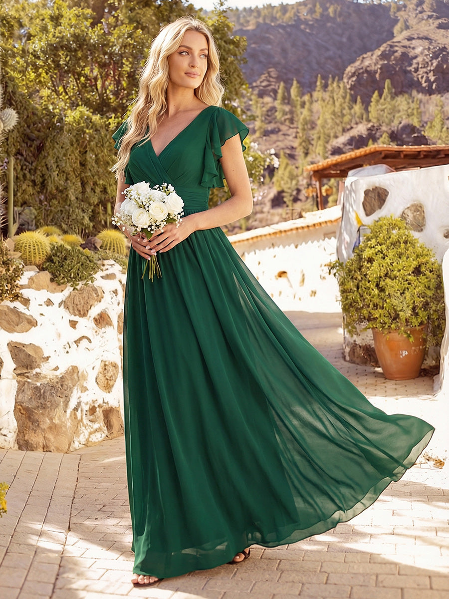 Robe demoiselle d'honneur en mousseline manches plissées avec découpe au dos #Couleur_Vert Fonce