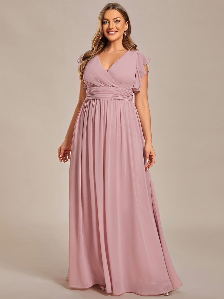 Robe demoiselle d'honneur Curvy mousseline manches plissées avec découpe au dos #Couleur_Rose fumee