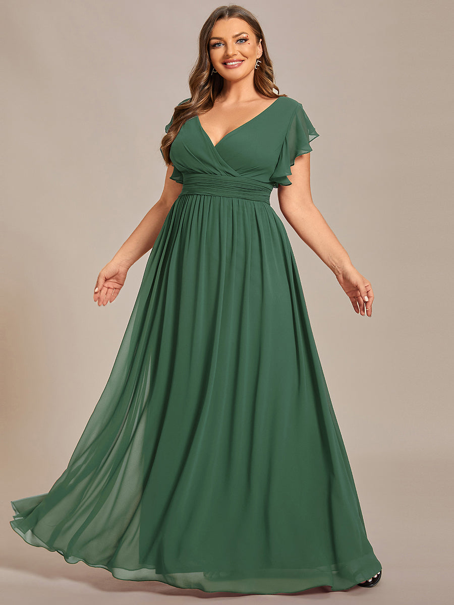 Robe D'invité De Mariage En Mousseline De Soie Mi-Longue Plissée à Manches à Volants Et Col En V #Couleur_Eukalyptus Grün