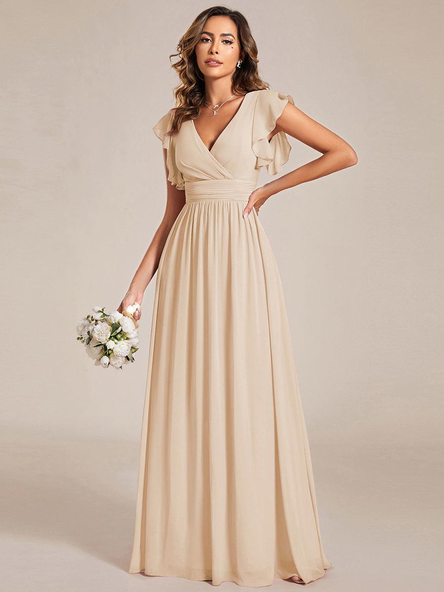 Robe de demoiselle d'honneur en mousseline de soie avec manches à volants et découpes au dos #Couleur_Dorée