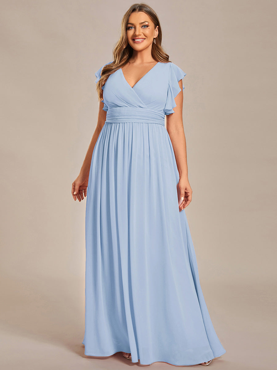 Robe D'invité De Mariage En Mousseline De Soie Mi-Longue Plissée à Manches à Volants Et Col En V #Couleur_Bleu Glace