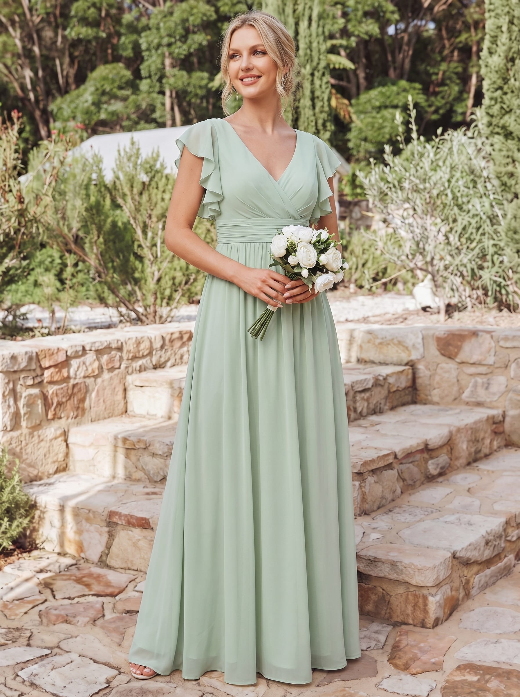 Robe demoiselle d'honneur en mousseline manches plissées avec découpe au dos #Couleur_Menthe Verte