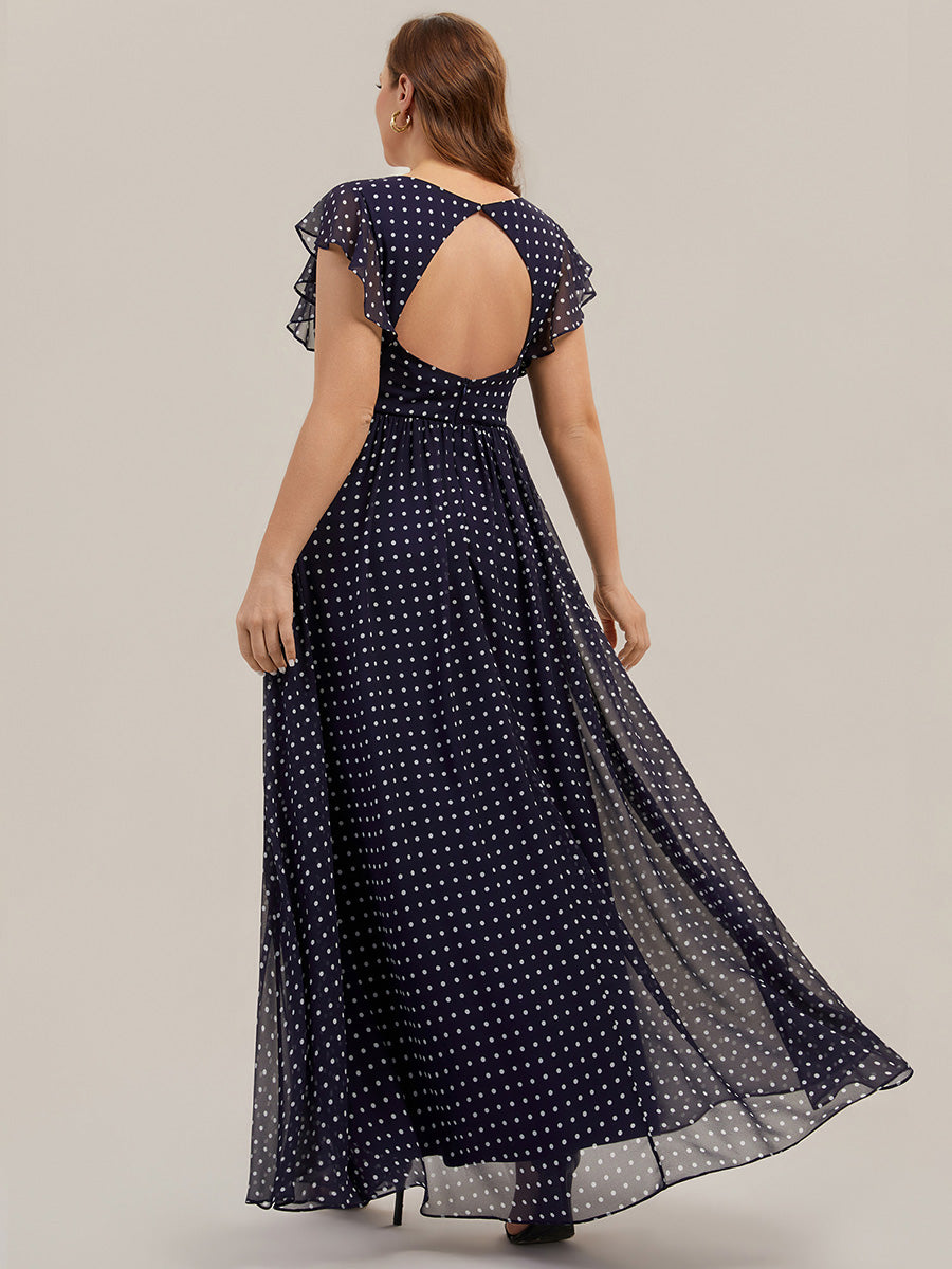 Robe de demoiselle d'honneur en mousseline de soie avec manches à volants et découpes au dos #Couleur_Pois Noirs