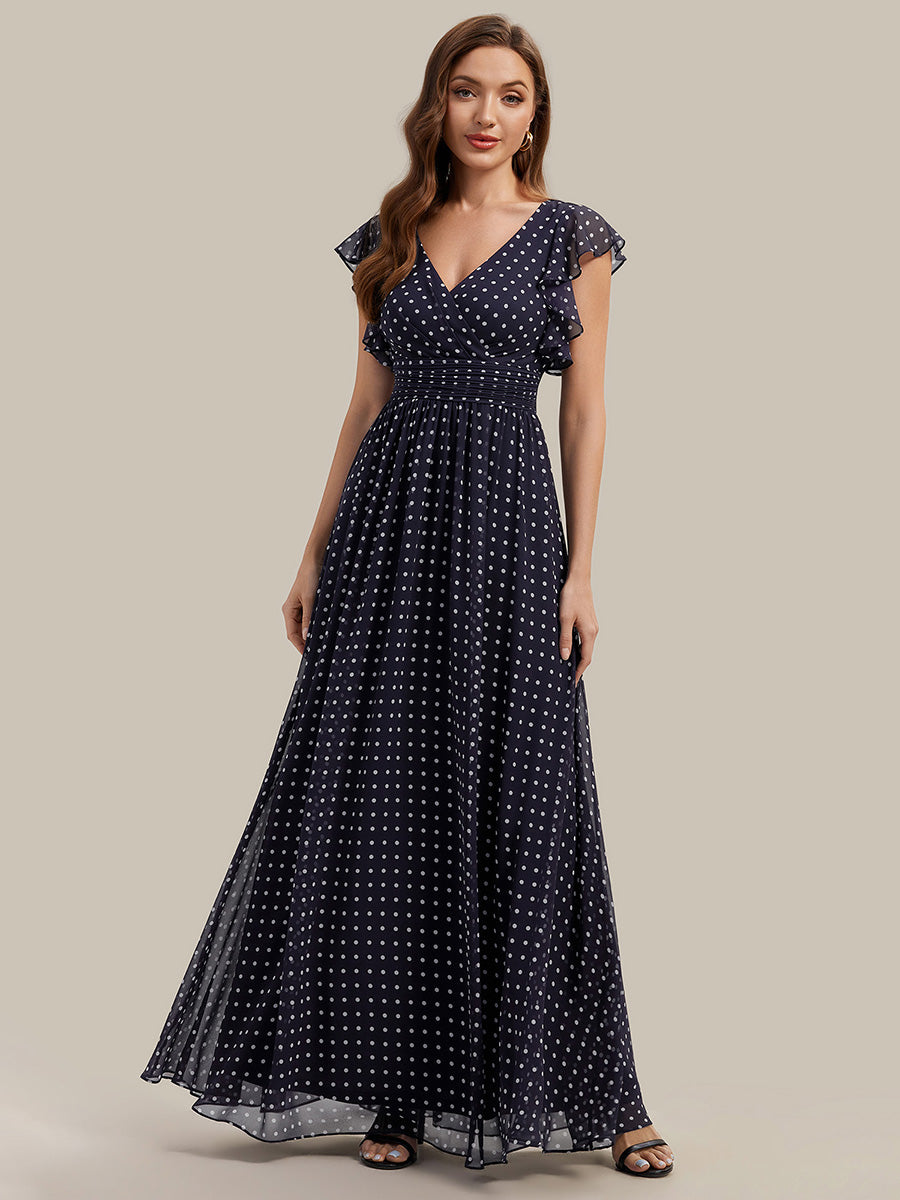 Robe de demoiselle d'honneur en mousseline de soie avec manches à volants et découpes au dos #Couleur_Pois Noirs