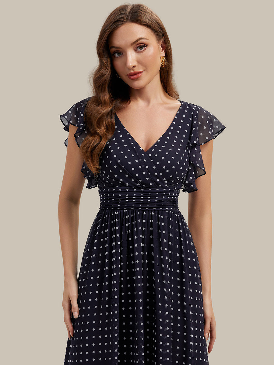 Robe de demoiselle d'honneur en mousseline de soie avec manches à volants et découpes au dos #Couleur_Pois Noirs