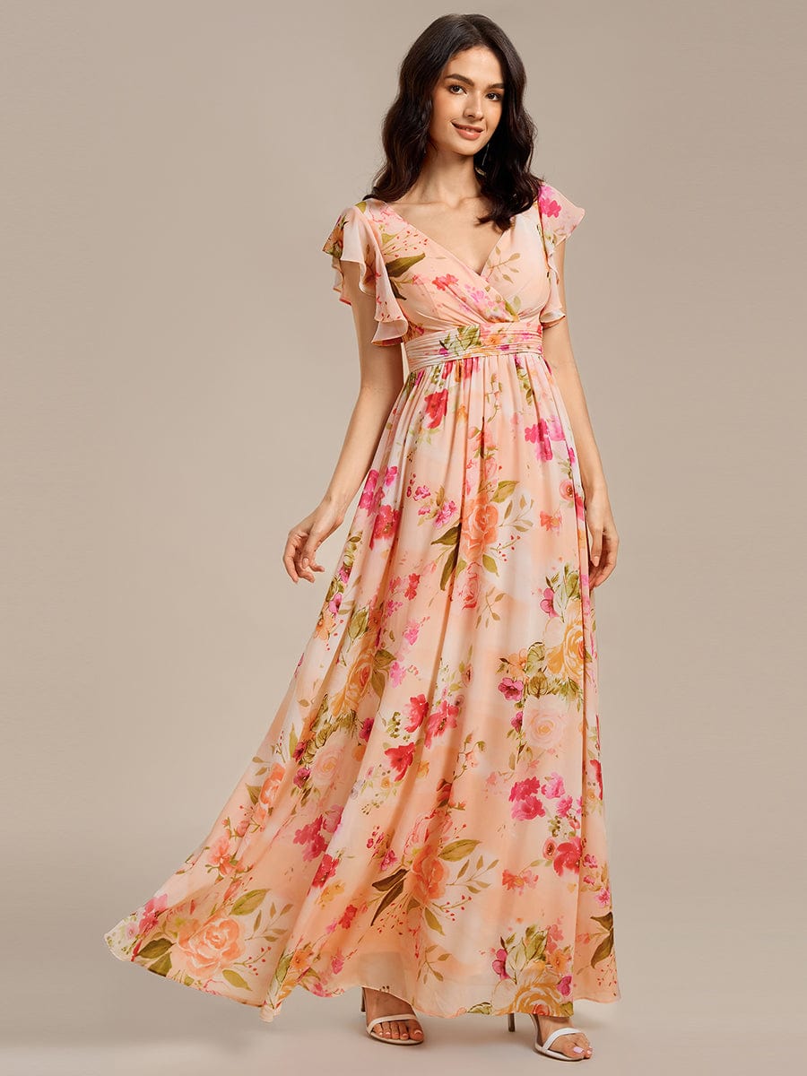 Robe d'invité de mariage trapèze en mousseline fluide à encolure ronde et longueur au genou #Couleur_Pêche Floutée