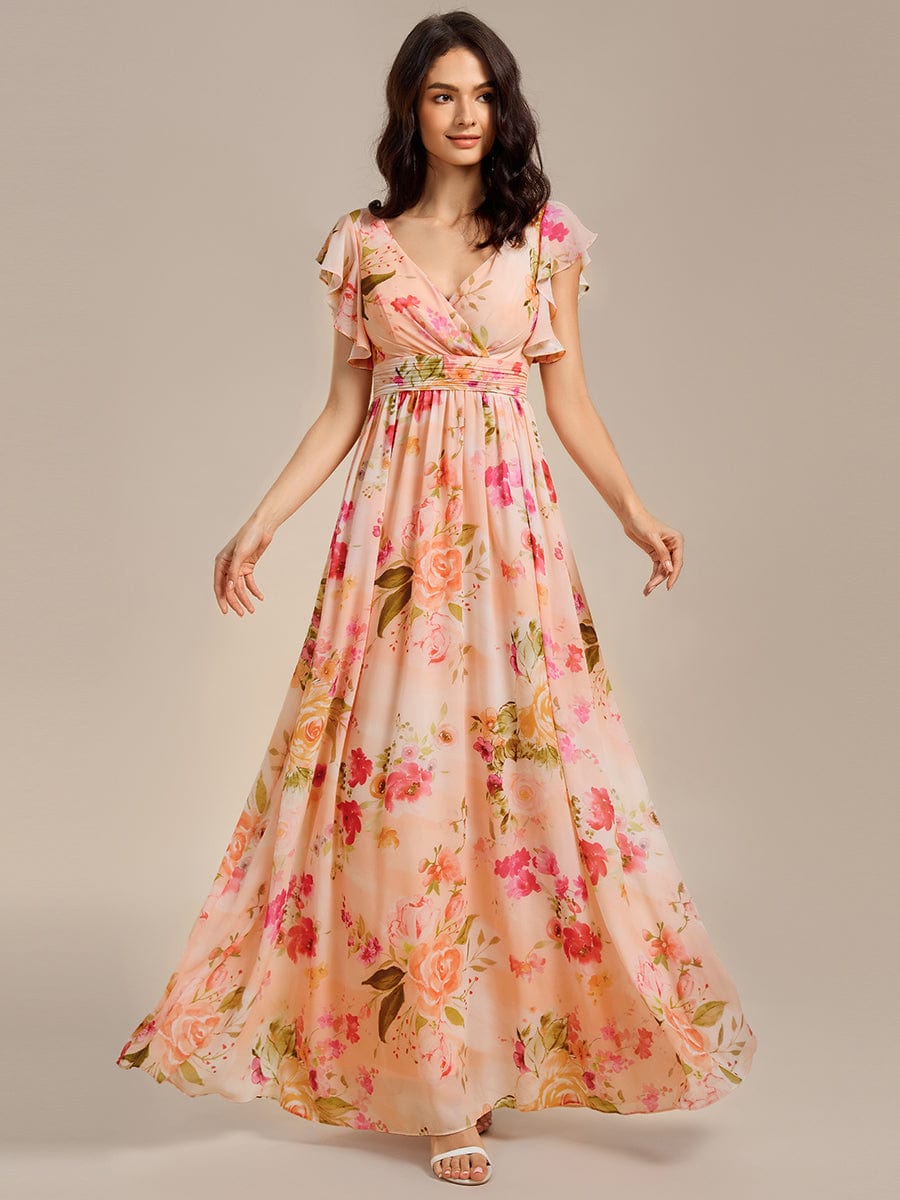 Robe d'invité de mariage trapèze en mousseline fluide à encolure ronde et longueur au genou #Couleur_Pêche Floutée