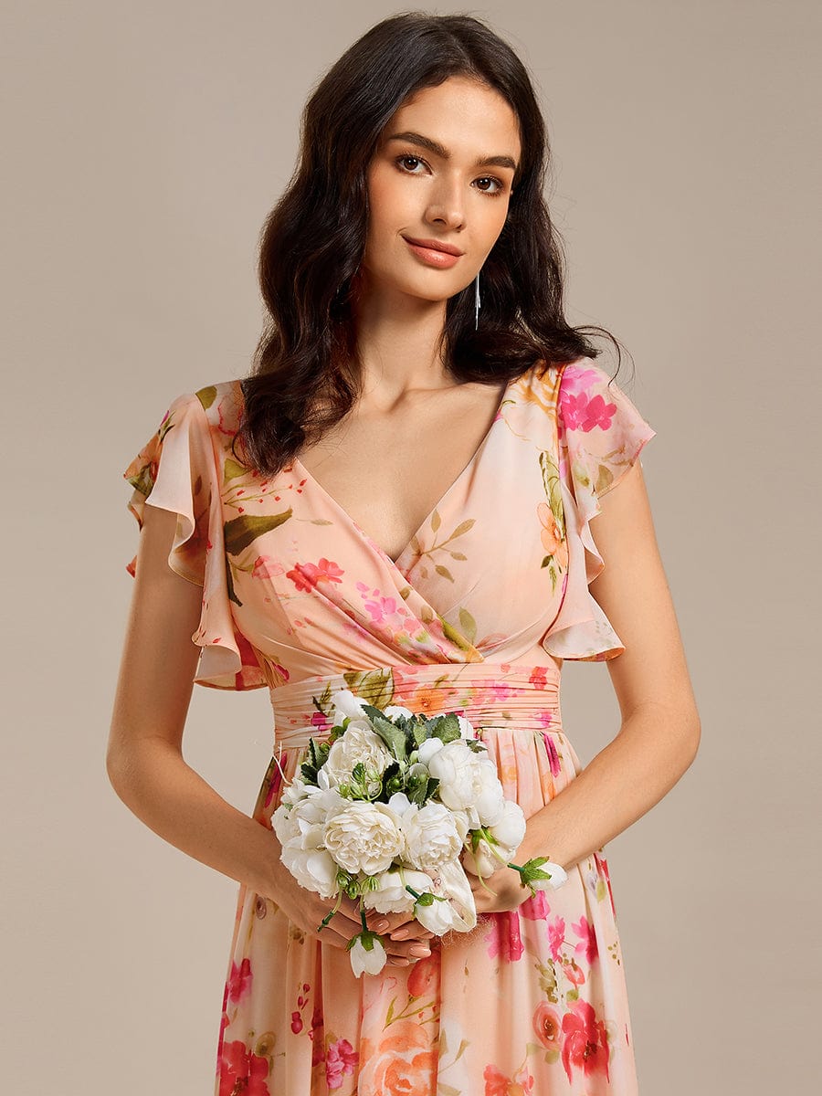 Robe d'invité de mariage trapèze en mousseline fluide à encolure ronde et longueur au genou #Couleur_Pêche Floutée