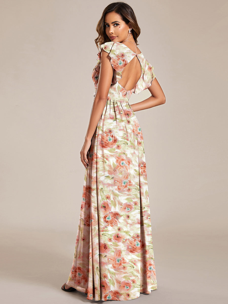 Robe de demoiselle d'honneur en mousseline de soie avec manches à volants et découpes au dos #Couleur_Brumaie de Palissandre