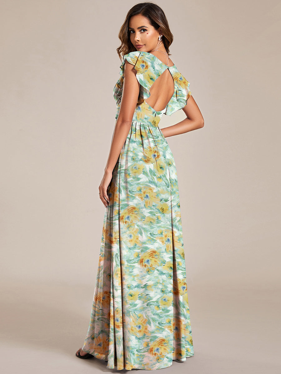 Robe de demoiselle d'honneur en mousseline de soie avec manches à volants et découpes au dos #Couleur_Fougère Ensoleillée