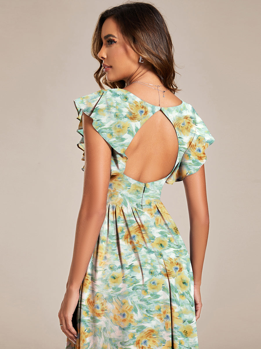 Robe de demoiselle d'honneur en mousseline de soie avec manches à volants et découpes au dos #Couleur_Fougère Ensoleillée