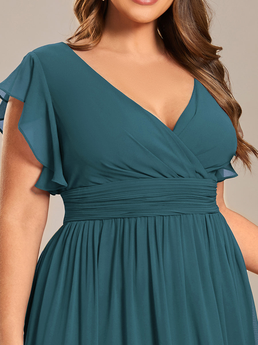 Robe demoiselle d'honneur Curvy mousseline manches plissées avec découpe au dos #Couleur_Bleu Sarcelle