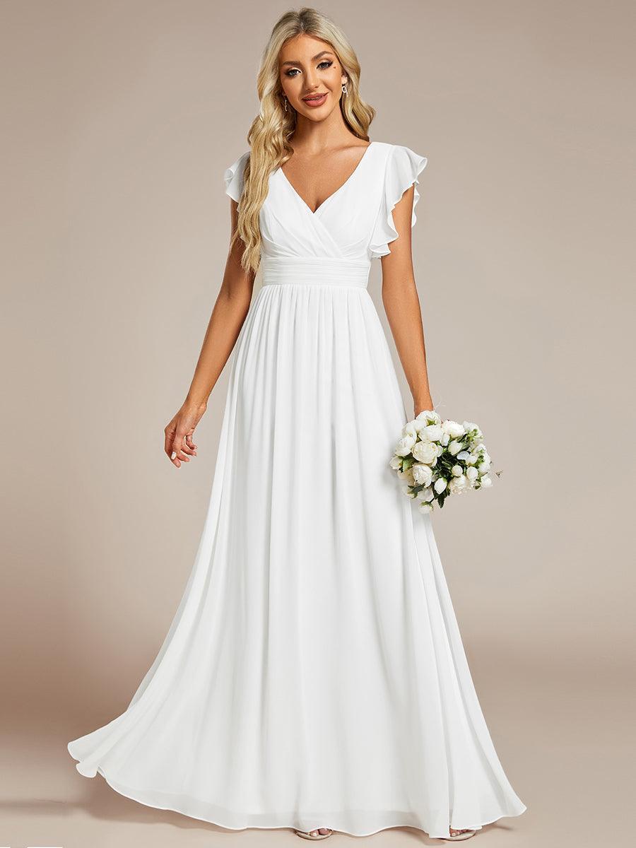 Robe demoiselle d'honneur en mousseline manches plissées avec découpe au dos #Couleur_Blanc