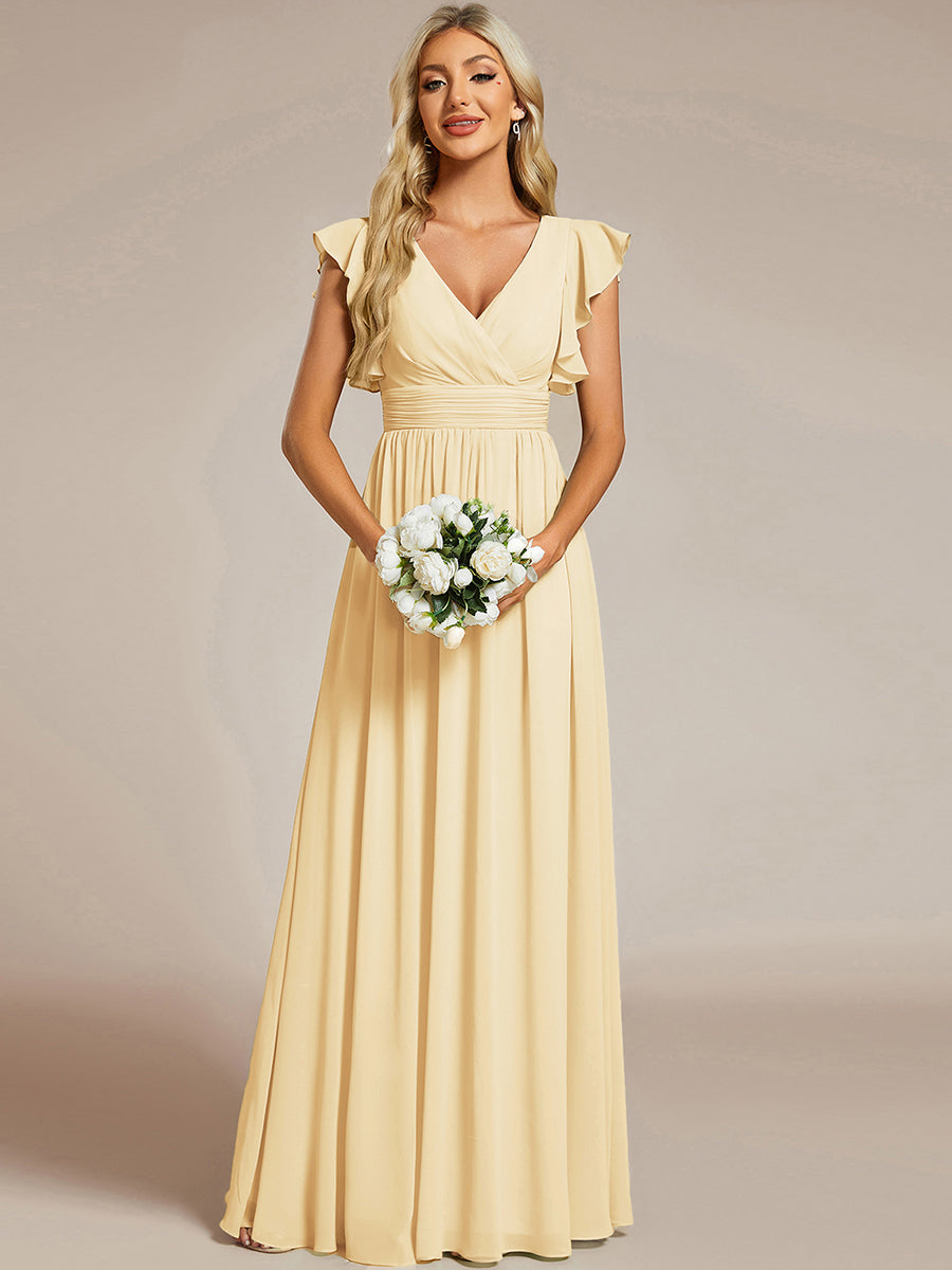 Robe de demoiselle d'honneur en mousseline de soie avec manches à volants et découpes au dos #Couleur_Jaune